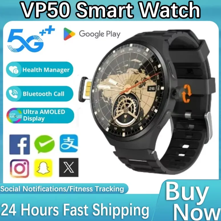 VP50 7-in-1 Android Smart Watch,1.75 Inch AMOLED,GPS Tracker Compass,WiFi,HD Camera,Insert SIM Card Make Calls,App Smartwatch