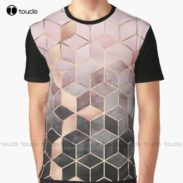Pink And Grey Gradient Cubes Graphic T-Shirt Custom Aldult Teen Unisex Digital Printing Tee Shirts Custom Gift Xxs-5Xl