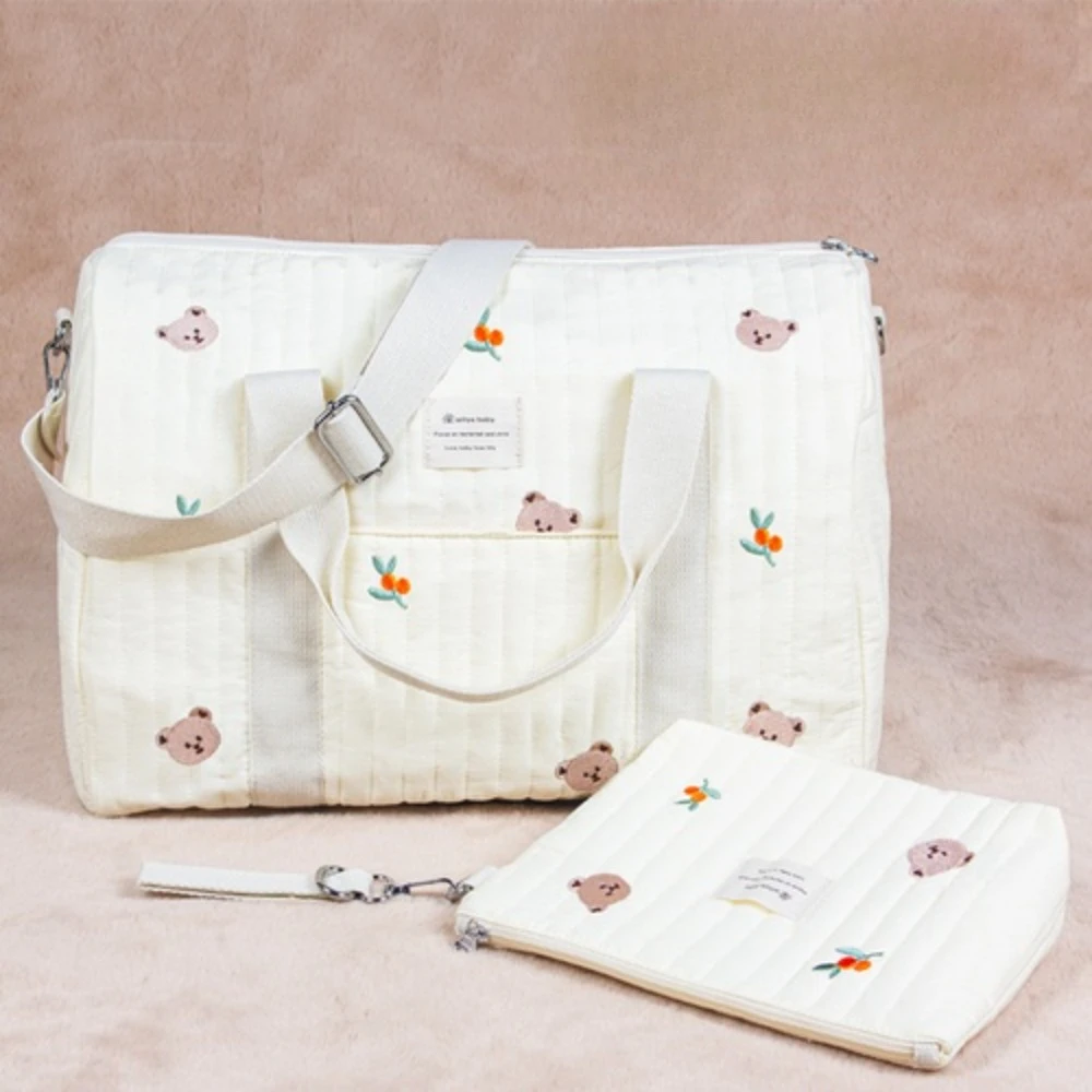 2Pcs Bear Cotton Fabric Zipper Quilted Diaper Bag 40cm Embroidery Pattern Baby Beige Stooller Bag Travel Shoulder Luggage Bag