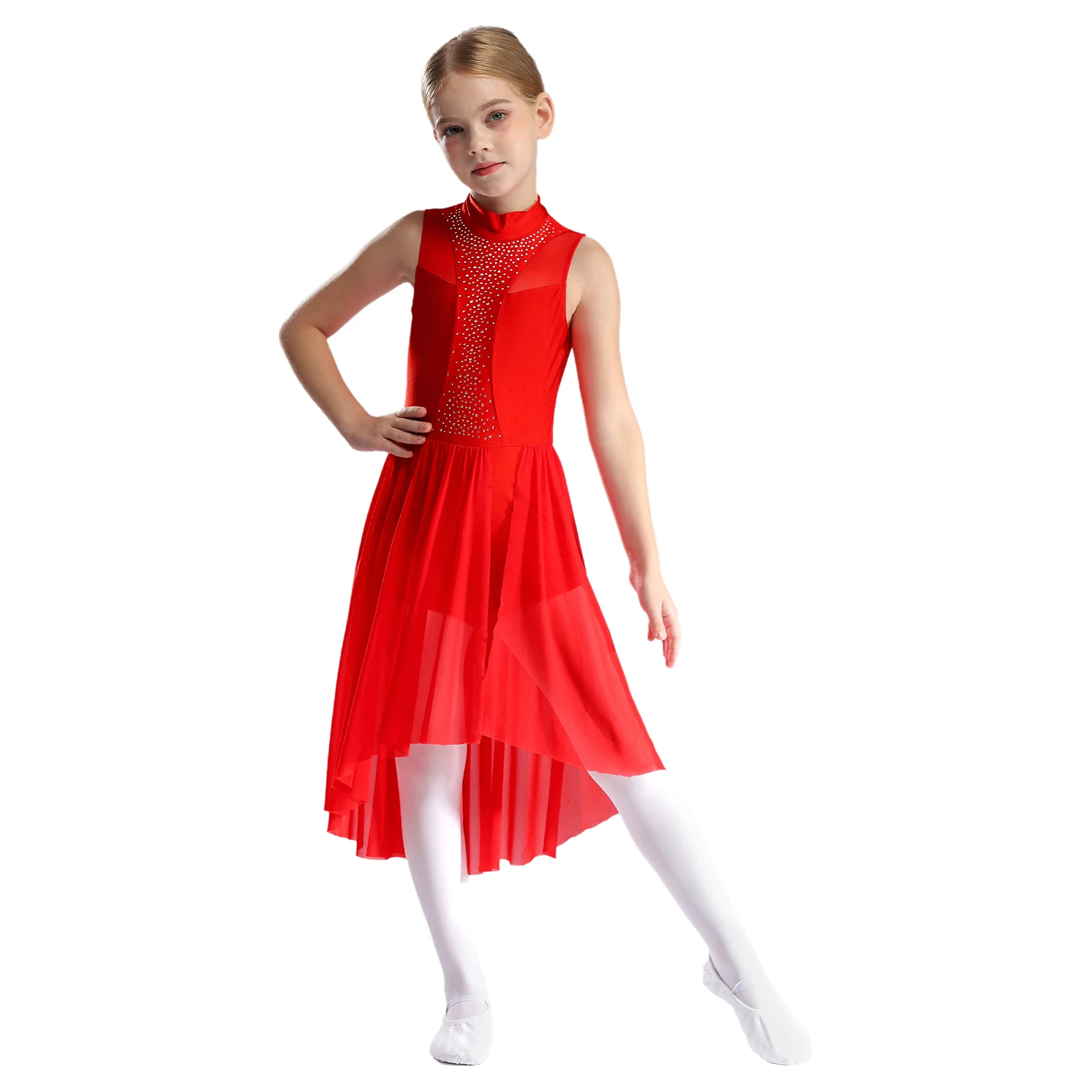 Kids Girls Lyrical Ballet Dance Costume Sleeveless Sparkly Rhinestone Figure Ice Skating Rhythmic Gymnastics Leotard Dress