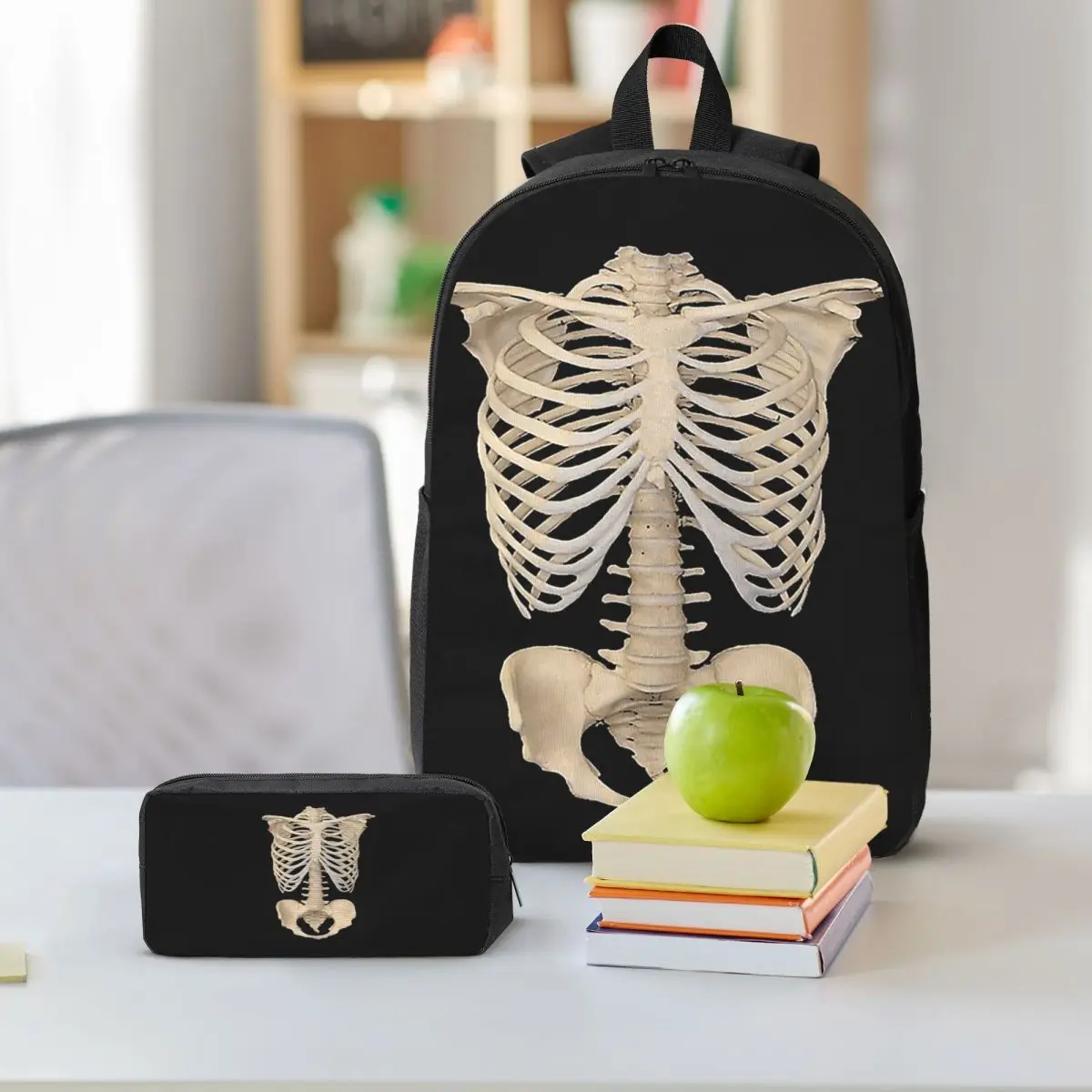 Halloween Gothic Anatomy ซี่โครงกระดูกโครงกระดูกมนุษย์กระเป๋าเป้สะพายหลังเด็ก BookBag โรงเรียนกระเป๋า 3 PS ถุงอาหารกลางวันฉนวนดินสอกรณี