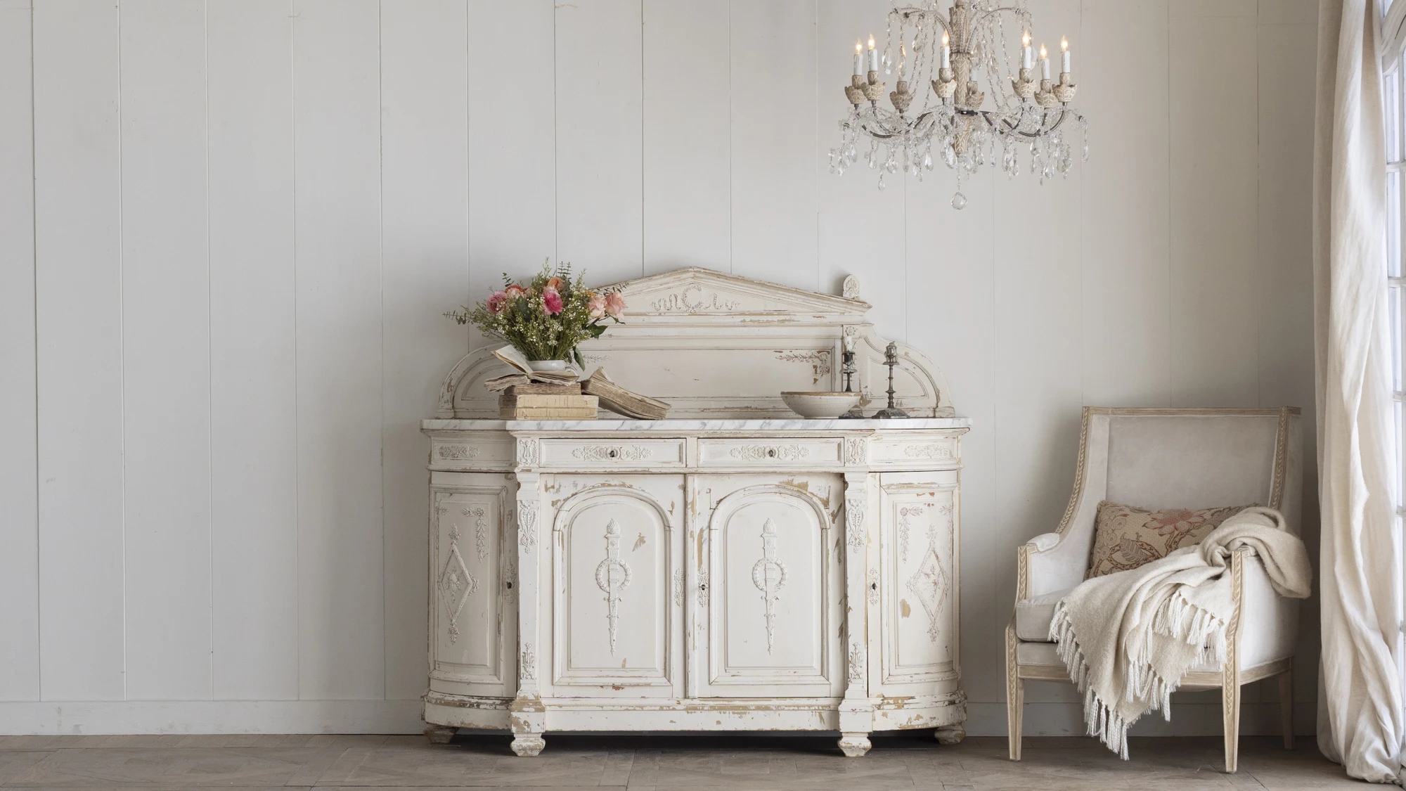 French retro solid wood old carved side cabinet