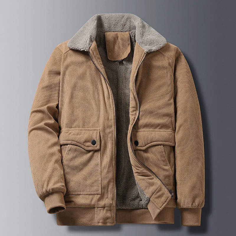Corduroy Men's Jacket 2026 Winter New Trend Cotton Clothes Loose Fleece Thickened Thermal Cotton