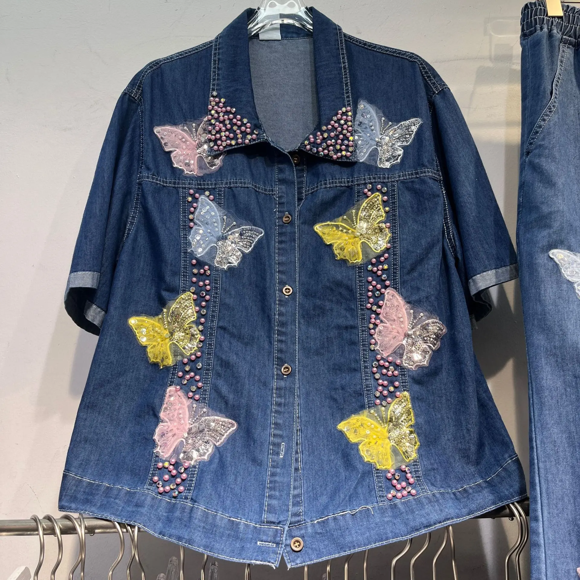 Heavy Luxury Spring Summer Women Denim Sets Embroidery Butterfly Beads Short Sleeve Shirt Top + Elastic Waist Straight Jeans