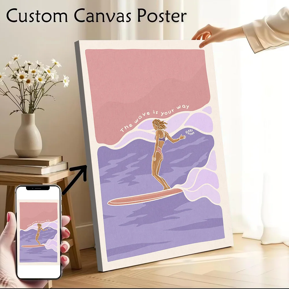 Surfer Girl on Wave Printed Canvas Poster Custom Pictures Wall Art Canvas Painting for Decoration Living Room Wand Deko Mural