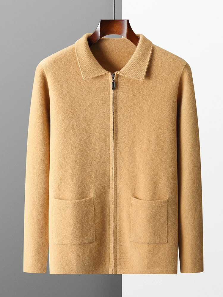 

TLOML Men 100%Cashmere Sweater Thick Air Layer Polo Collar Zipper Cardigan Autumn Winter Soft Smart Casual Cashmere Knitwear Top