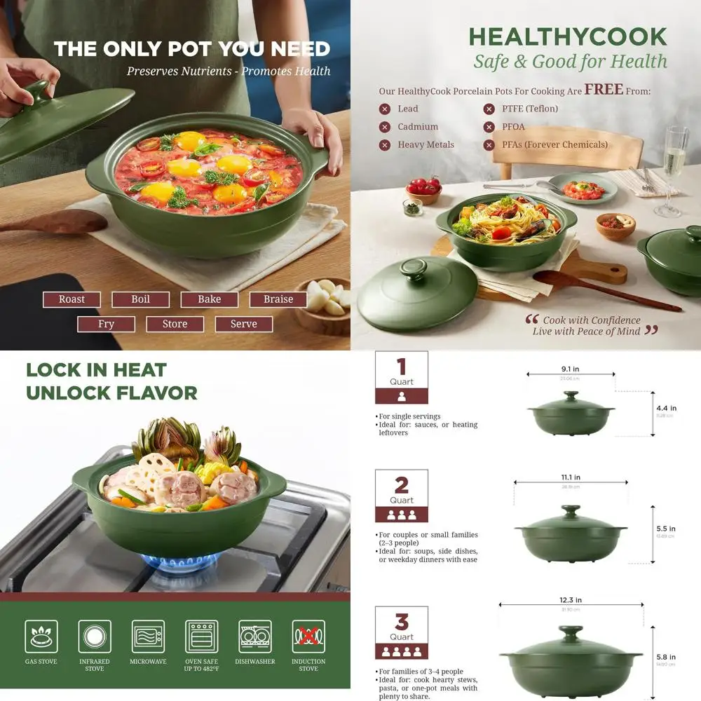 

2-Qt Porcelain Dutch Oven Pot with Lid - Non-Toxic, Safe for Gas and Infrared Cooktops, Oven Safe to 482°F, Heat Retention, Mult