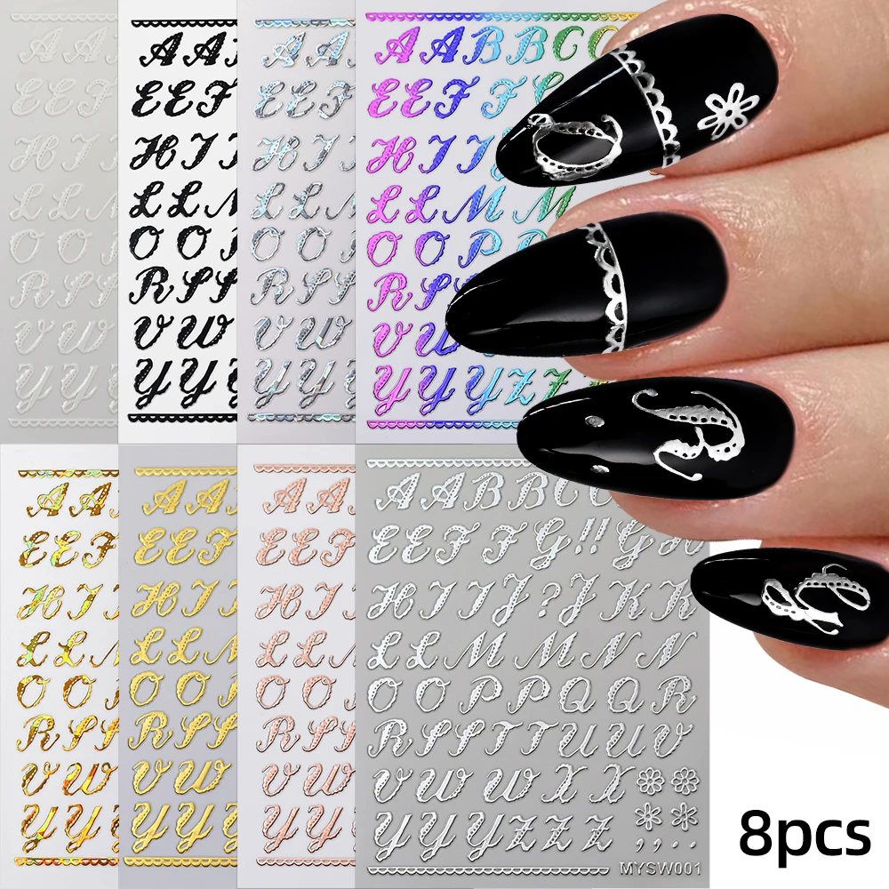 8pcs English Alphabet Nail Stickers Laser Gold/Silver English Alphabet Nail Art Decals Capital Letters Stickers for Nail Decor*&