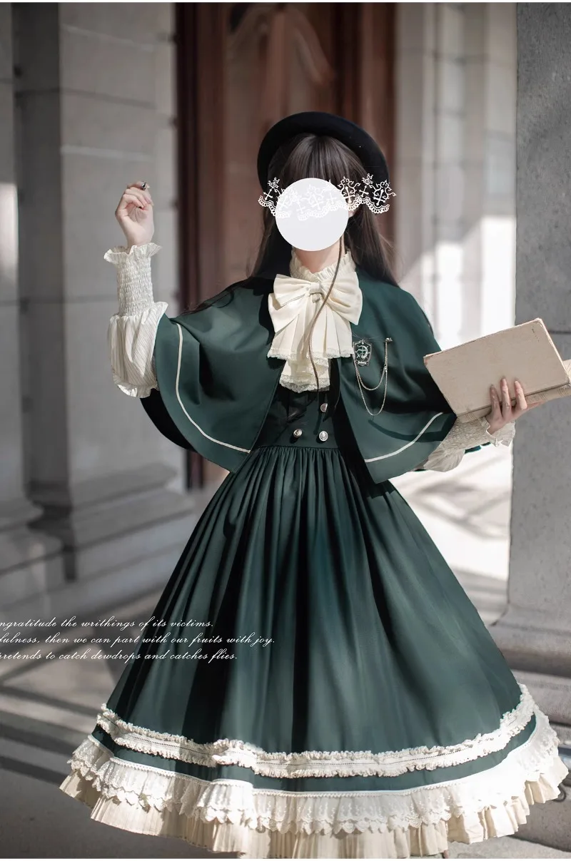 

Autumn Winter College Style Lolita Strap Dress Short Cape Woolen Coat For Women's Slimming Long Sleeves Single-breasted Blouse