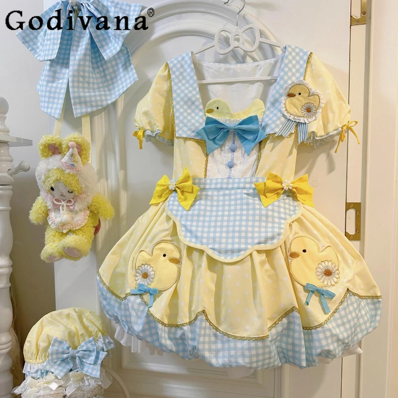 

Sweet Cute Fresh Lolita Dress for Women Yellow Duck Print Apron Flower Bud Dress Girls Bow Collar Princess Two Piece Dress Set