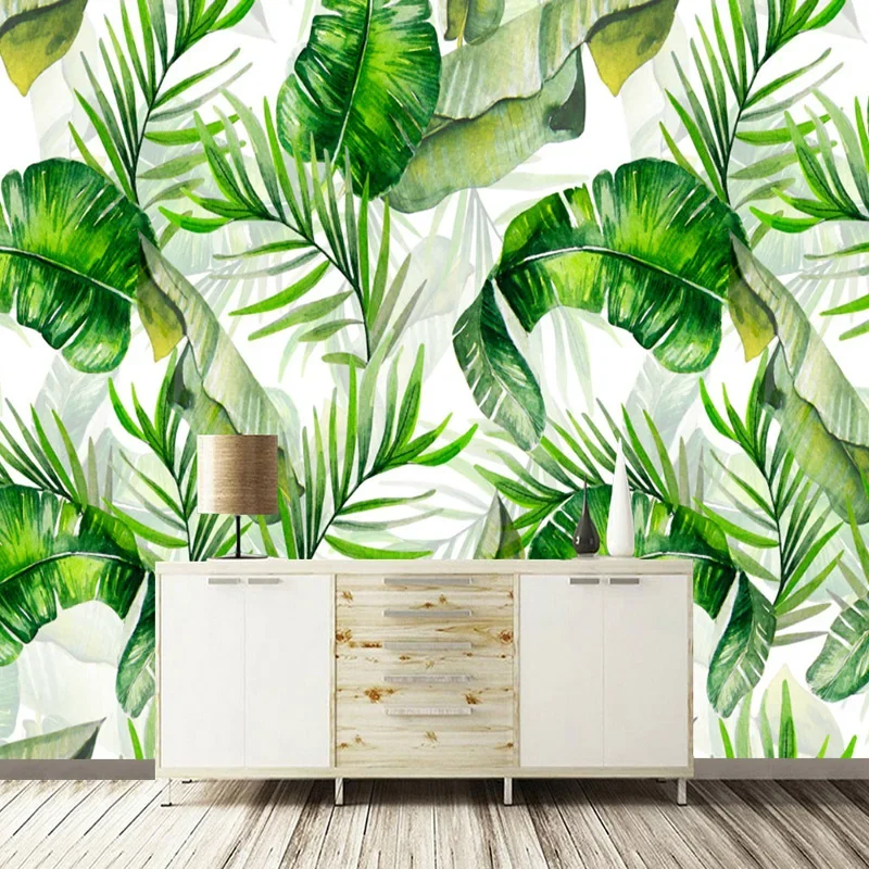 Custom Any Size Waterproof Canvas Fabric Oil Painting Green Plants Banana Leaf Wallpaper Mural for Living Room Bedroom Decor