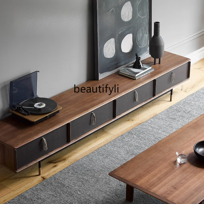 

Italian minimalist solid wood TV cabinet living room wabi sandy wind walnut audio-visual cabinet