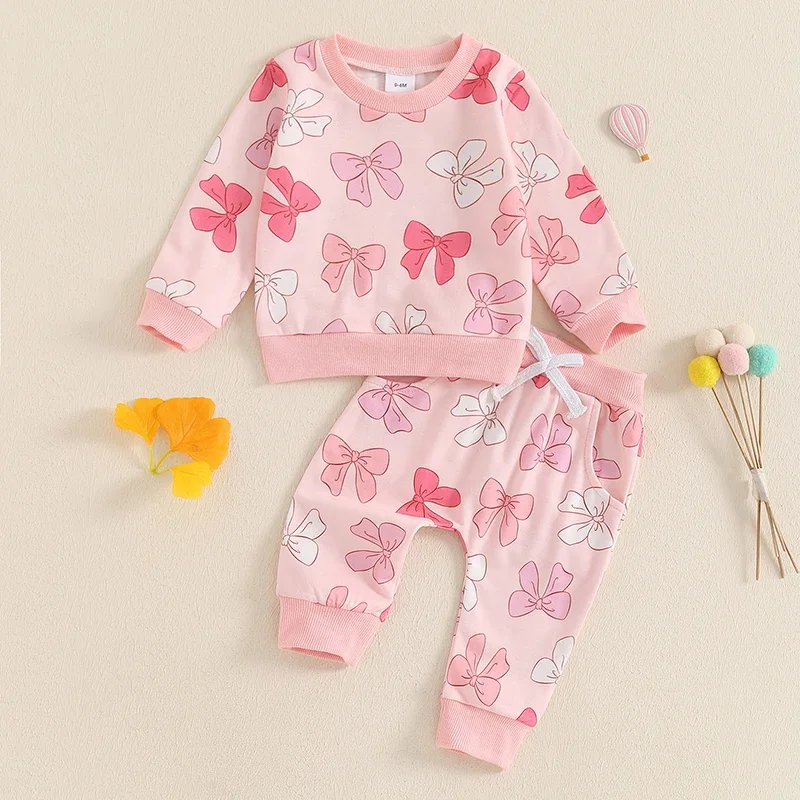 0-3Y Baby Girl Clothes Set Autumn Long Sleeve Bow Print Sweatshirt Tops+Elastic Waist Pants Toddler Baby Clothes Outfits