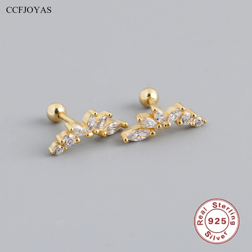 

CCFJOYAS 100% 925 Sterling Silver Zircon Stud Earrings for Women European and American Screw Twisted Beads Piercing Earring