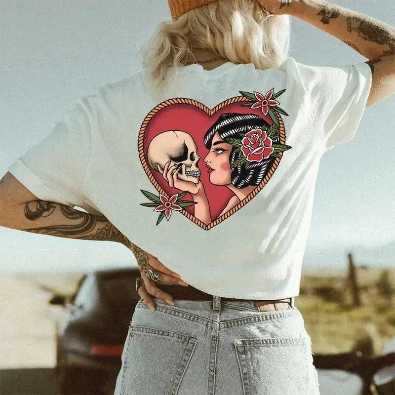 

Women's Old School Tattoo T-Shirt | Retro Skull Love Graphic Tee | Dark Romance Aesthetic Biker Gift Top