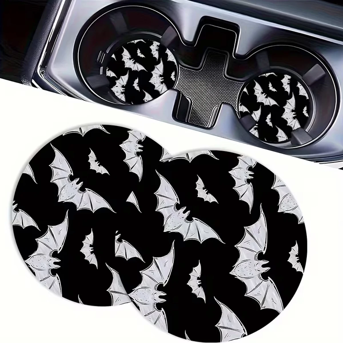 Gothic Bat Design Non-Slip Cup Pads Set of 2 Heat-Resistant Car Cup Holder Surface Protectors Easy to Clean Halloween Decoration