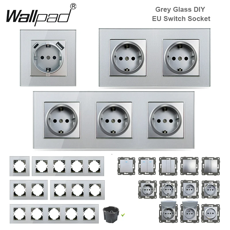 DIY Grey Glass EU Electrical Sockets and 1 2 Gang Light Switches Curtain Date Rj45 Tel TV USB Outlet Wallpad Round Box