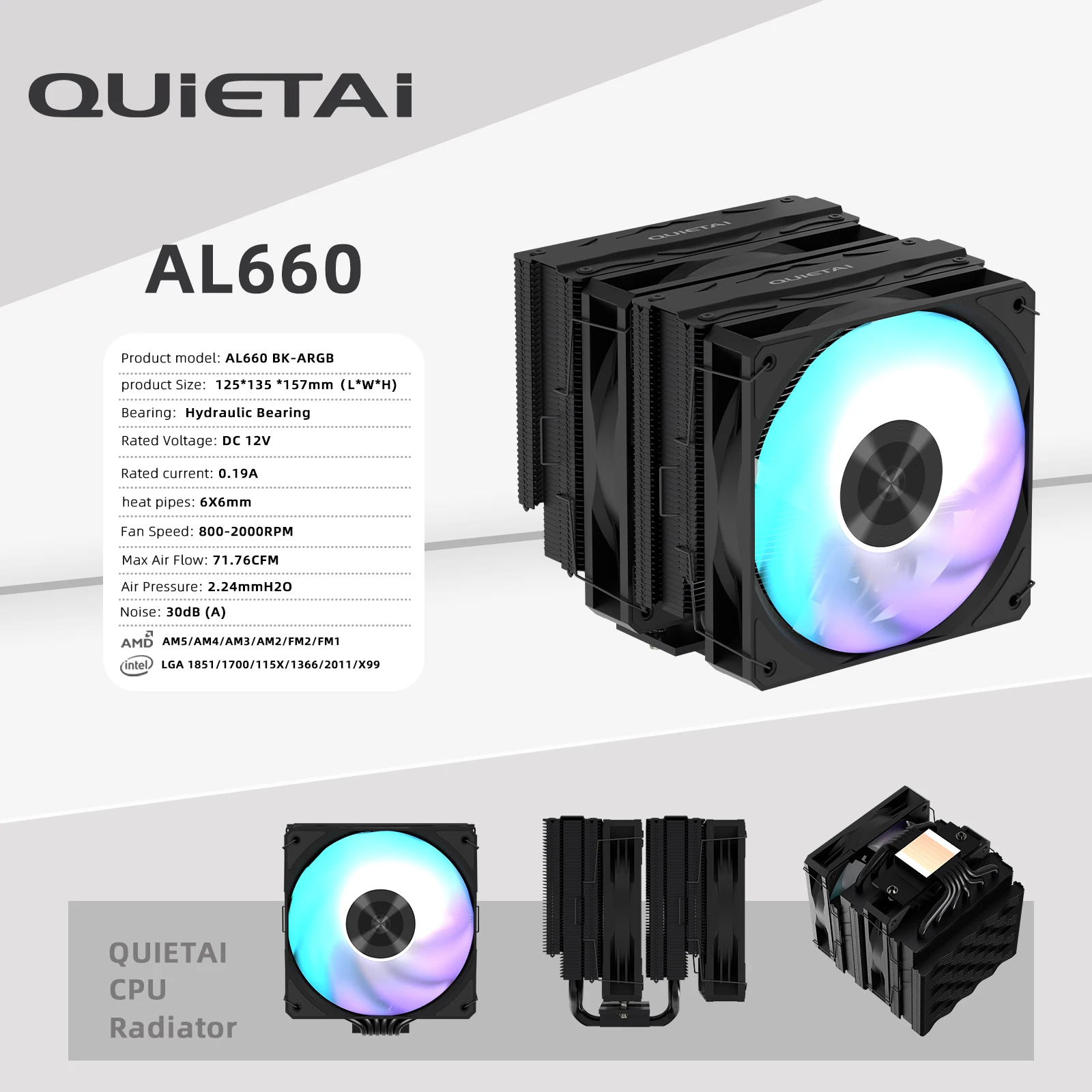 QUIETAI AL660 Six copper tube double-tower CPU cooler for LGA2011120017001851115X &AMD
