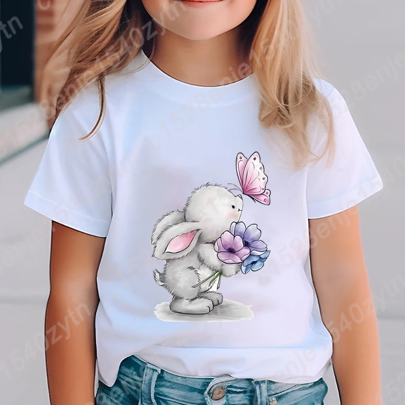 Summer Kids Loose T-shirts Children Girls T Shirts Rabbit Flower Butterfly Graphic Print Short Sleeve Tee Shirts Round Neck Tees