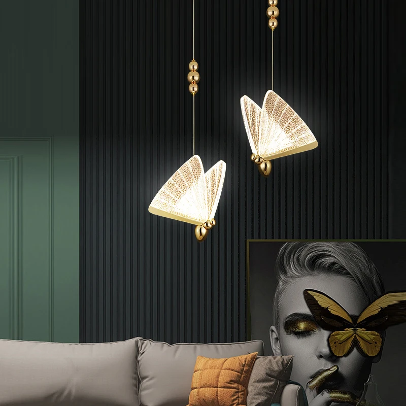 Butterfly Indoor LED Cord Pendant Lamps for Bedside Bedroom Hanging Light Golden Chandelier Lights for Dinning Room AC85-265V