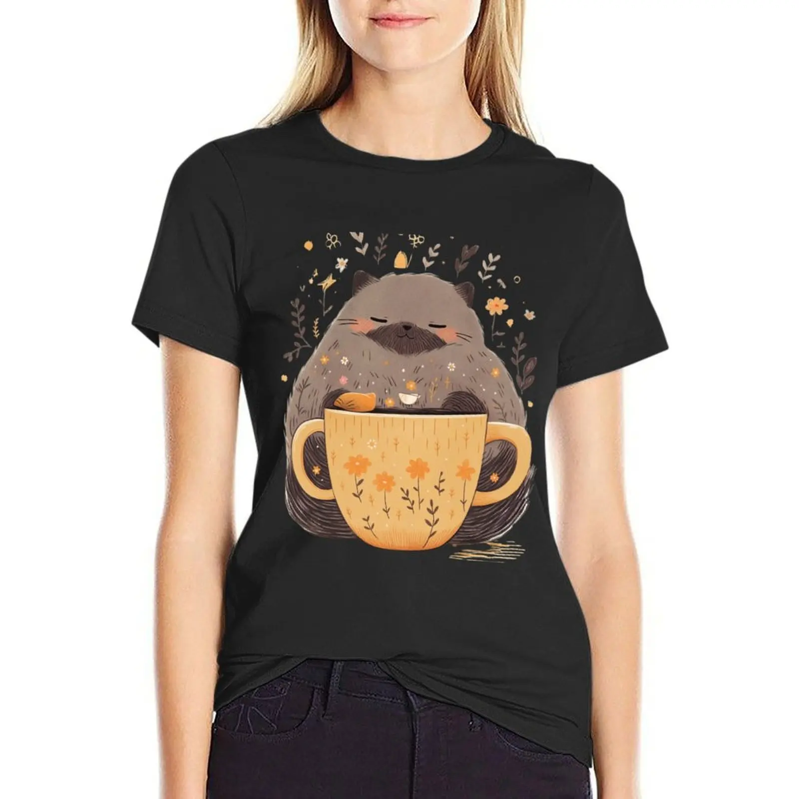 Fat Cat Cute drinking coffee T-Shirt customizeds korean fashion summer clothes customs design your own Womens clothing