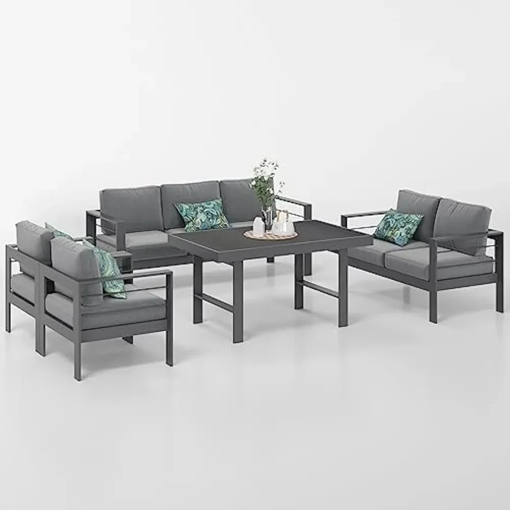 Aluminum Patio Furniture Set,5 Pieces Modern Outdoor Conversation Set Sectional Sofa with Upgrade Cushion and Dining Table