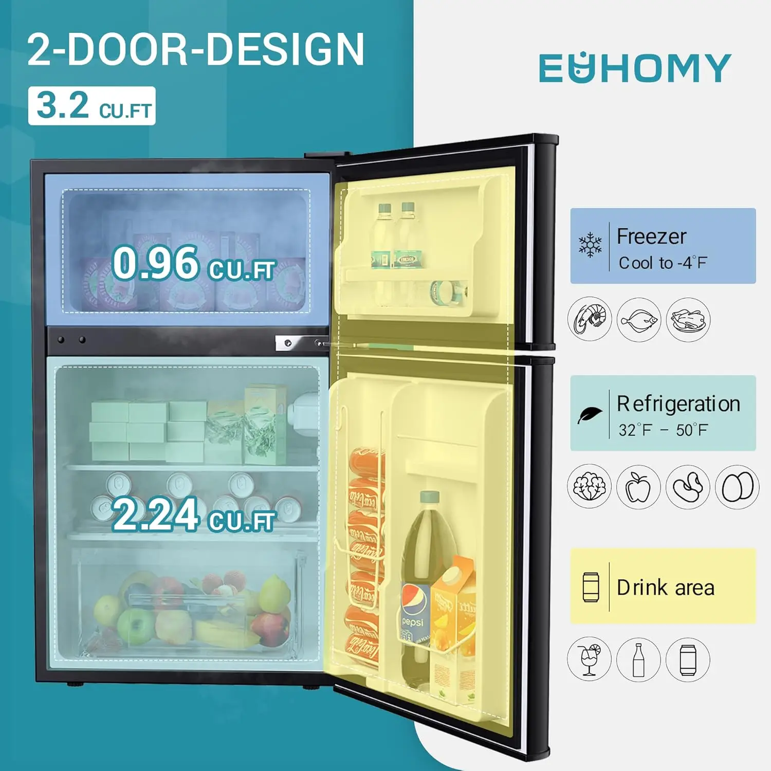 Ft Mini refrigerator with freezer, single-door compact, energy efficient, mini refrigerator with adjustable thermostat