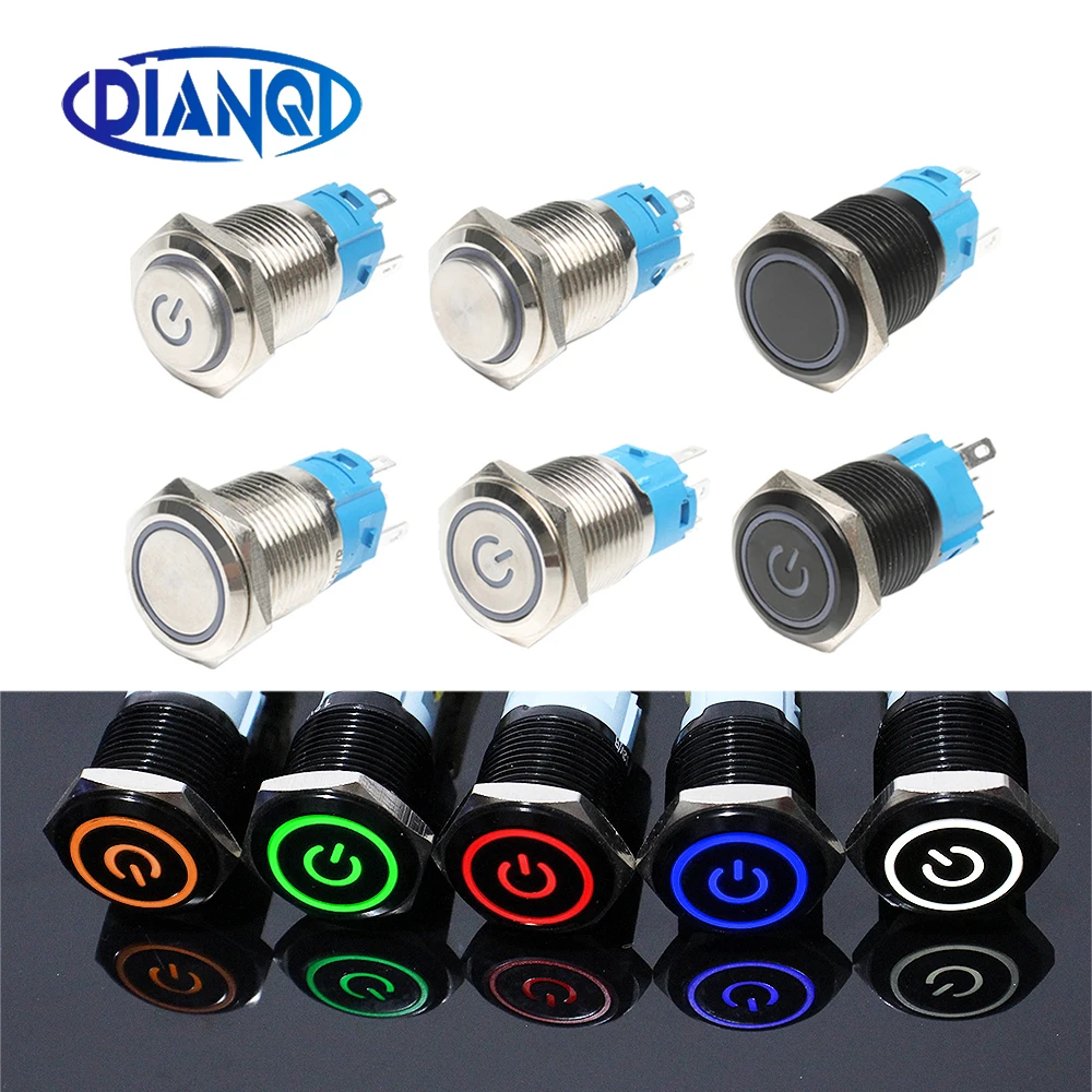 16mm Latching Metal press push button switch black Momentary reset waterproof LED power symbol ring lamp 1NO1NC Red Blue 5V 12V