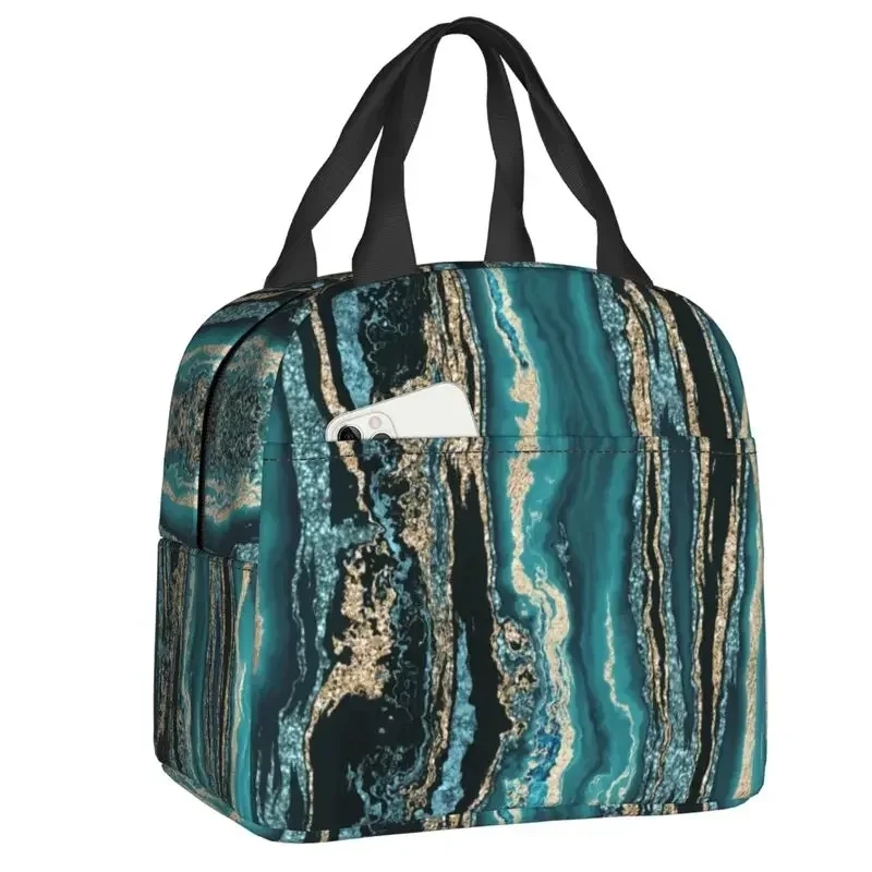 Turquoise Gold Sparkling Marble Gemstone Art Thermal Insulated Lunch Bags Portable Lunch Tote Travel Multifunction Food Box