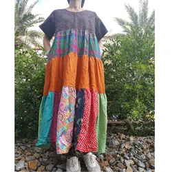 Summer New Ethnic Style Patchwork Splice Featuring Long Travel Photography Retro Short Sleeve Dress for Women