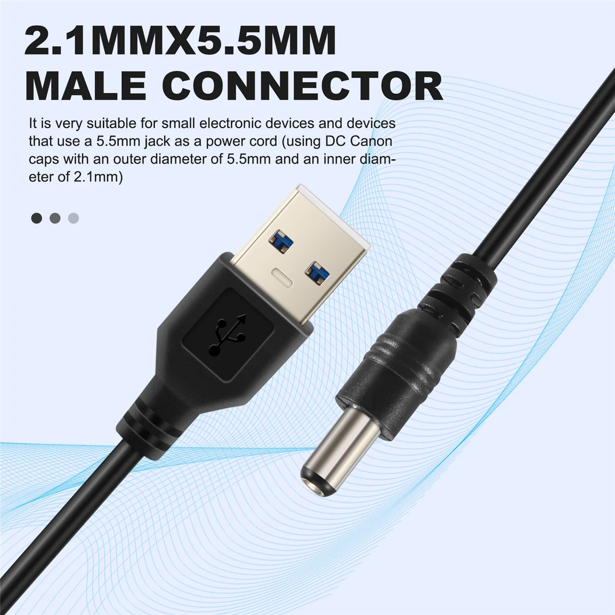 USB-Kabel 5,5 mm / 2,1 mm 5 V DC-Laufbuchsen-Stromkabel (schwarz, 75 cm)