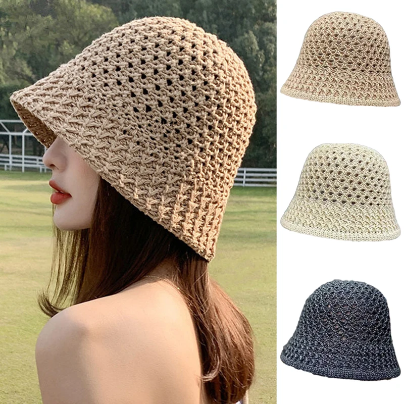 

Solid Color Braid Bucket Hat For Women Summer Hollow Out Breathable Beach Hat Knit Dome Fisherman Caps Lady Sunshade Panama Cap