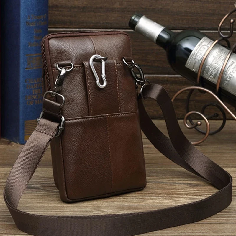 Men Genuine Leather Bag Purse Waist Belt Pack Hook Cross Body 7\'\' Business Cell Phone Case Small Shoulder Fanny Messenger Bags