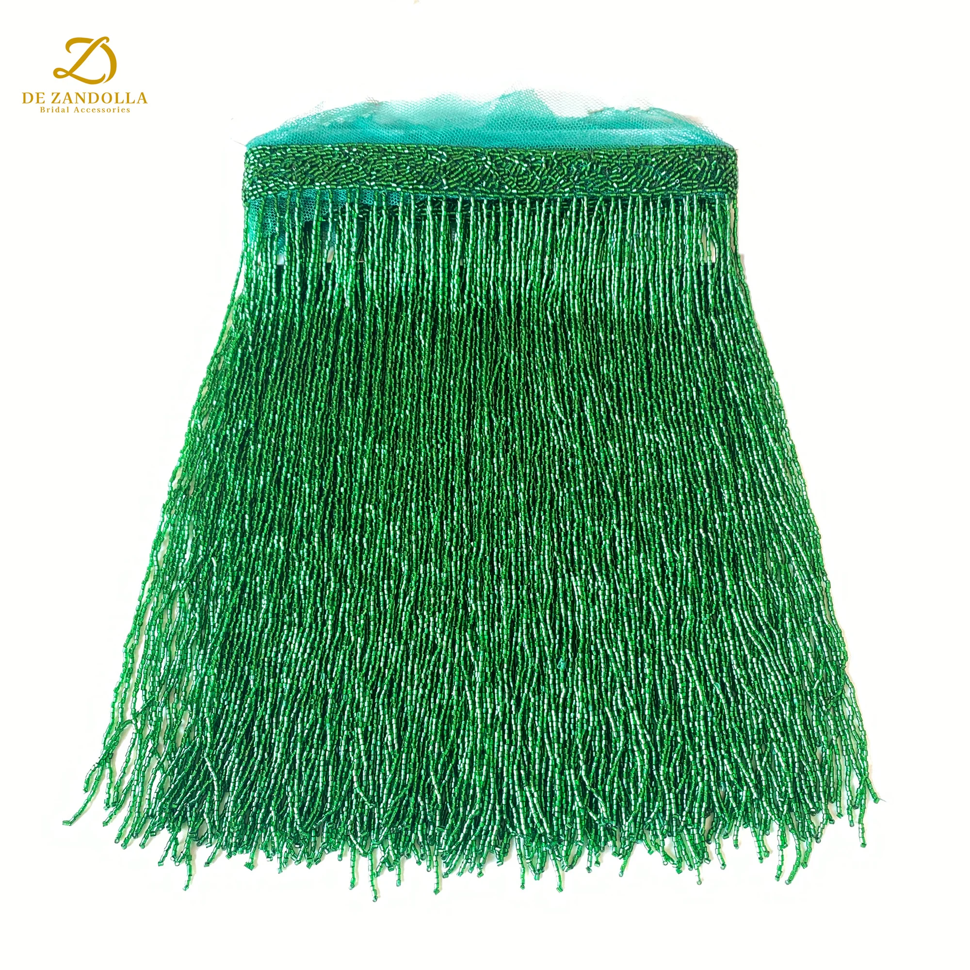 

2 Yard Green Champagne White Tassel Fringe with Beads Trims Sewn For Fashion Party, Bridal Evening Gowns Costume Accessories