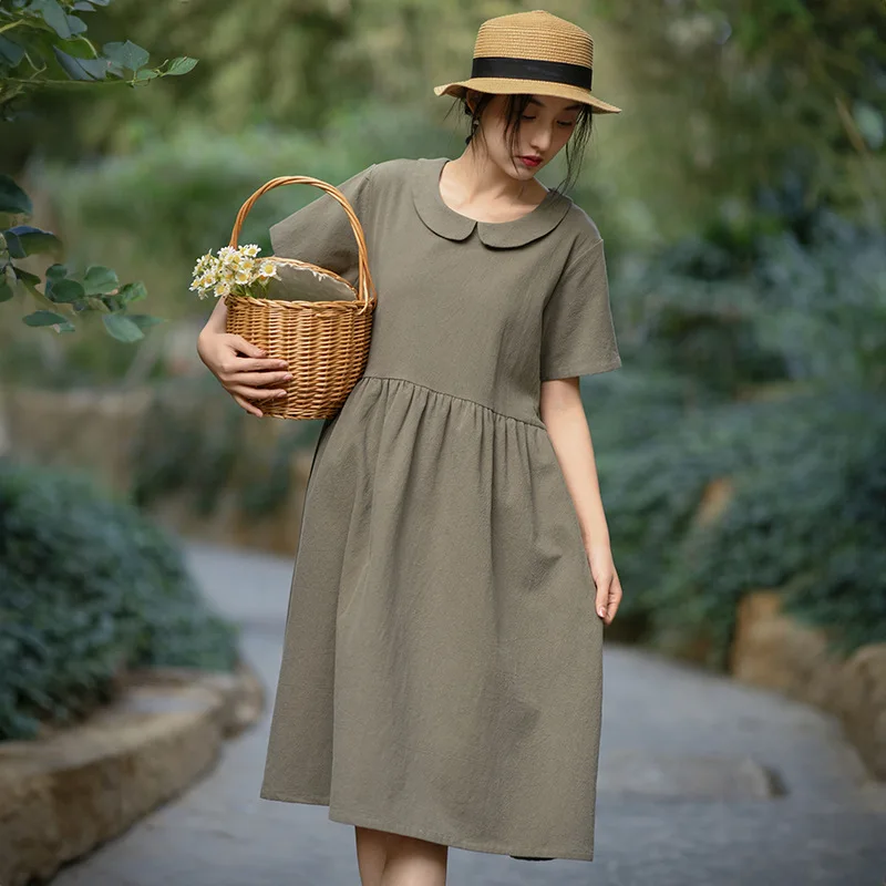 

Mori Girl Style Vintage Dress for Women Summer Simple Solid Colour Short Sleeve Cute Doll Collar Loose Casual A-line Long Dress