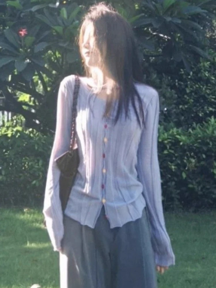 

Y2k Эстетический сладкий фиолетовый бандажный кардиган с лямкой на шее, винтажный однобортный однобортный топ в стиле гранж с феей, осенний облегающий свитер в стиле Харадзюку