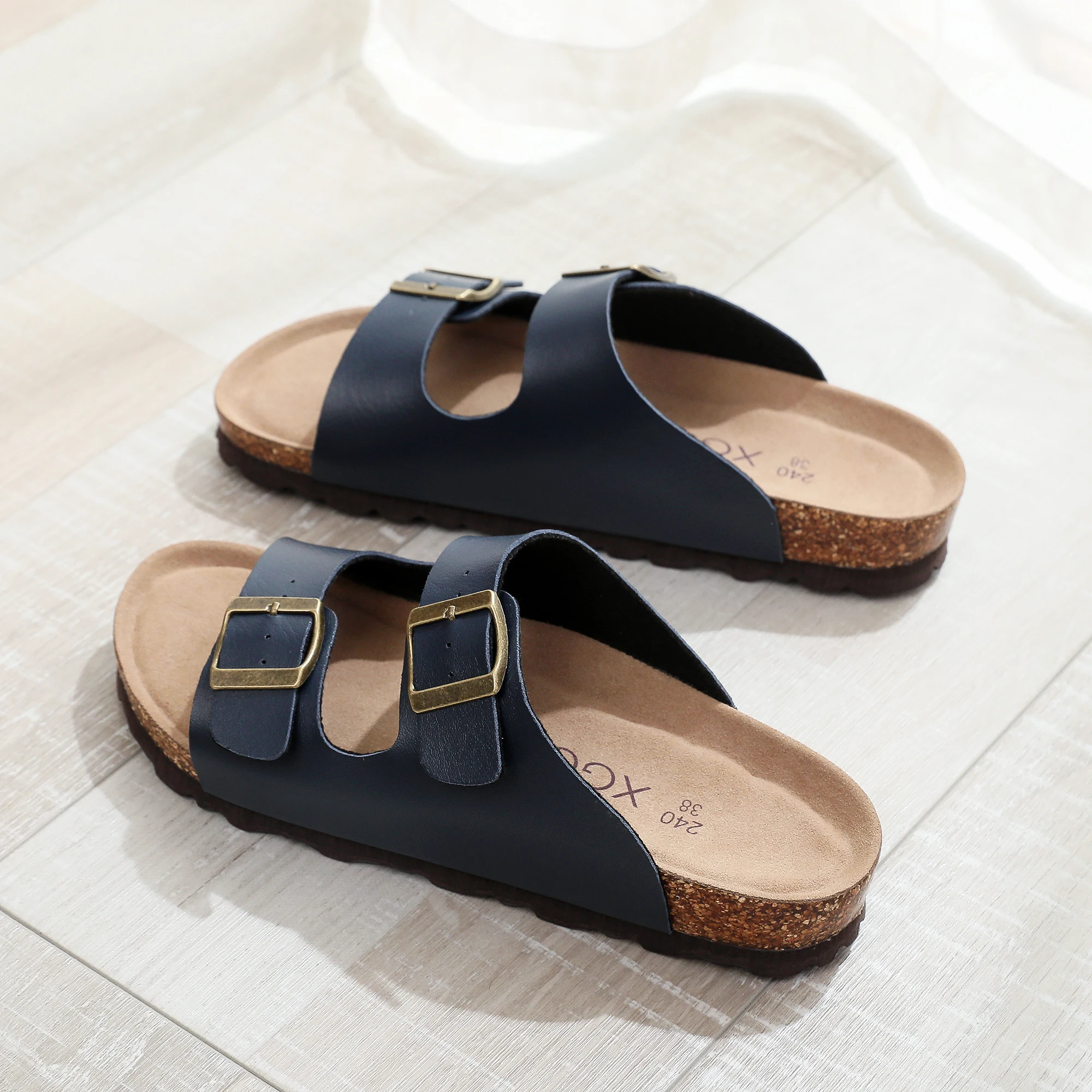 Birken Women's Flat Slide Sandals - Arch Support, 2 Strap, Cork Footbed, Non-Slip, Adjustable Buckle, All-Day Comfort view 4