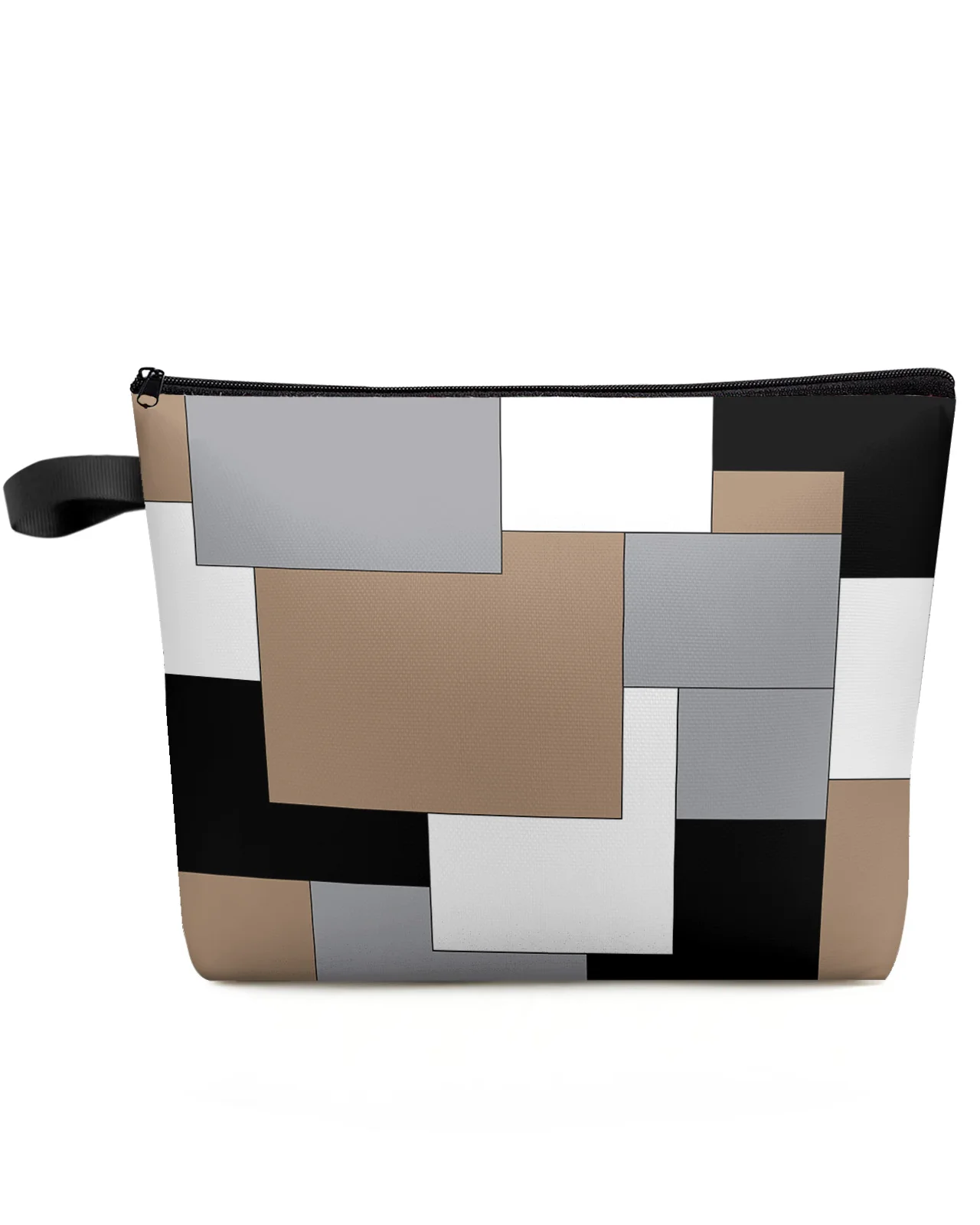 Brown Grey Patchwork Abstract Art Large Capacity Travel Cosmetic Bag Portable Makeup Storage Pouch Women Waterproof Pencil Case