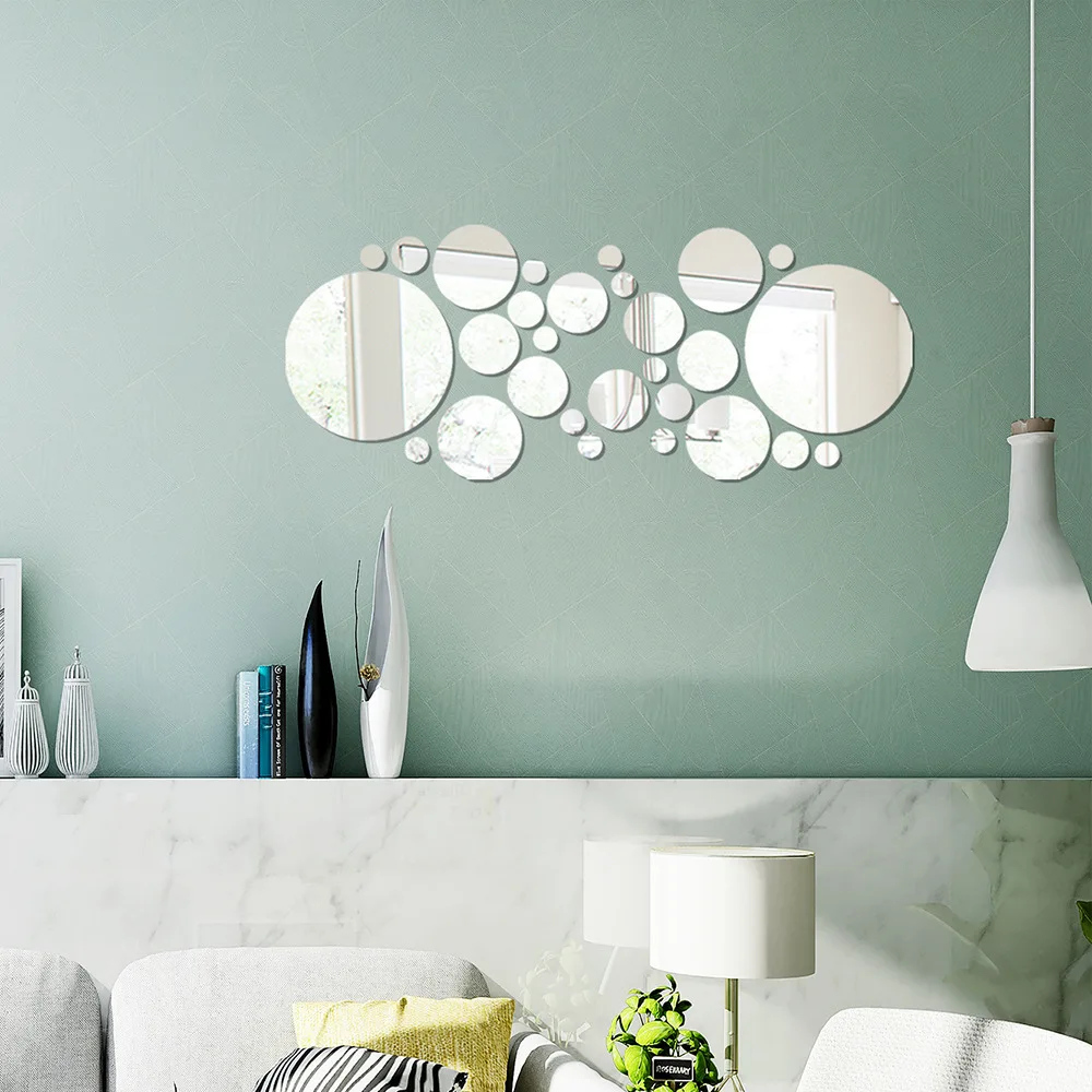 26PC 3D Acrylic Mirror Wall Stickers Set Round Adhesive Reflective Decorative Panels for Living Room Bedroom TV Background Decor