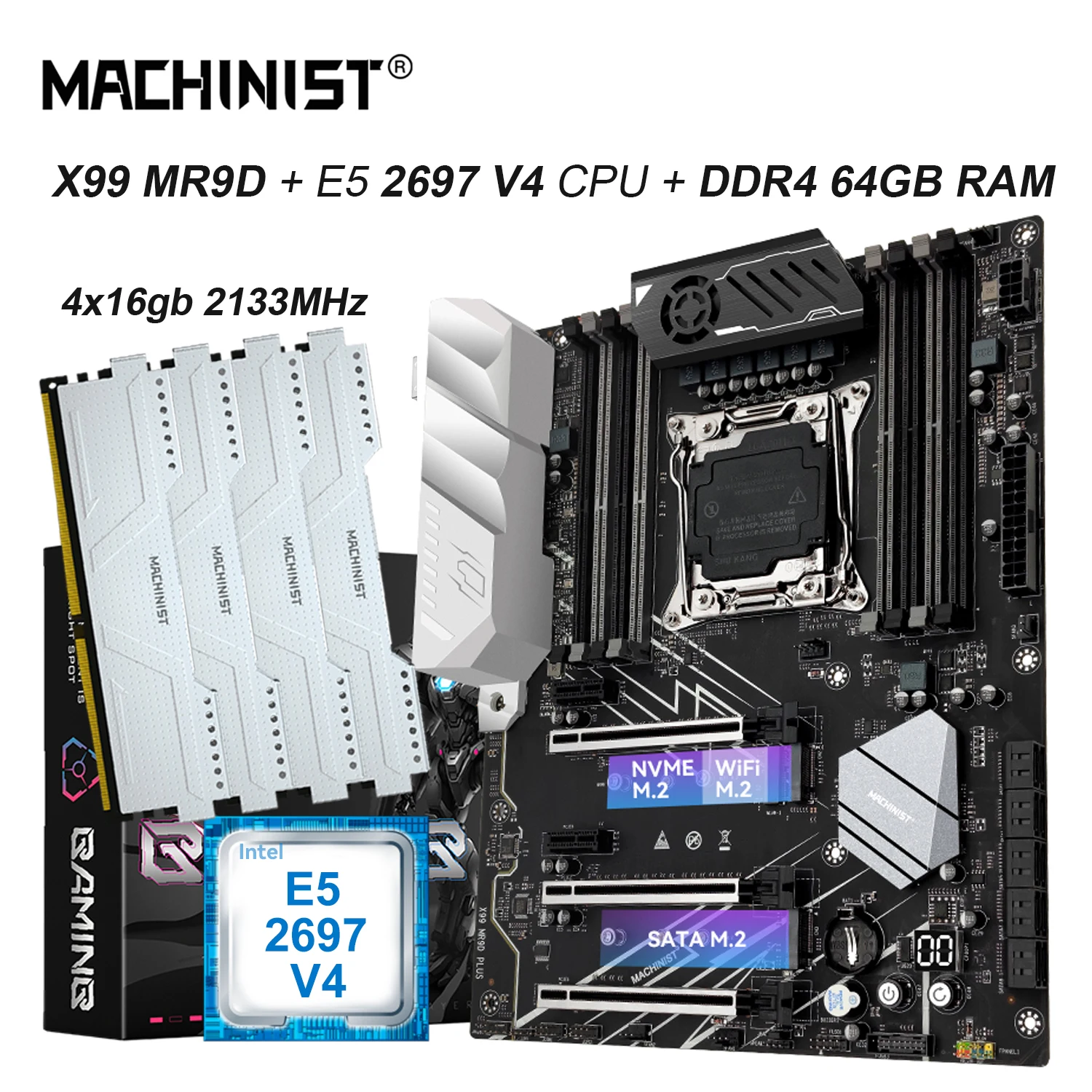 MACHINIST X99 – ensemble de cartes mères LGA 2011-3, Kit Xeon E5-2697 V4 CPU avec 8 emplacements, 64 go de mémoire DDR4 ECC 2133MHZ, NVME SATA M.2 ATX MR9D