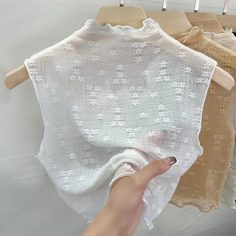 المرأة الكورية نصف الياقة المدورة الزهور الدانتيل سترة الصيف بلا أكمام الدانتيل جوفاء تانك الأعلى
