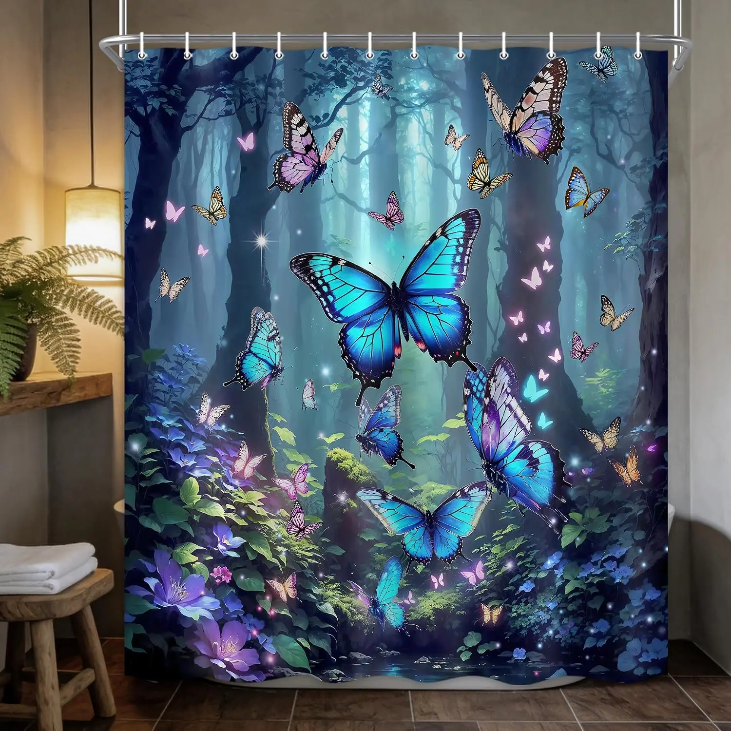 Bohemian Butterfly Floral Rainforest Shower Curtain Waterproof Bathroom Decor Jungle Nature Aesthetic Tapestry Liner
