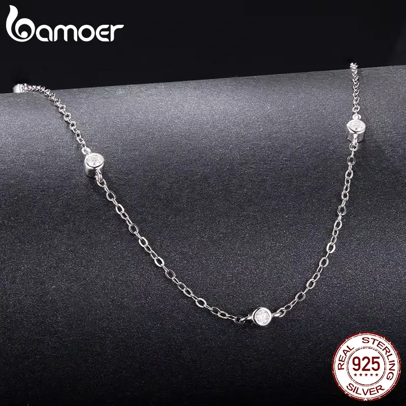 BAMOER 925 Sterling Silver Moissanite Layering Necklace, Gold Plated Adjustable Link Chain Necklace for Women Station Necklace 3