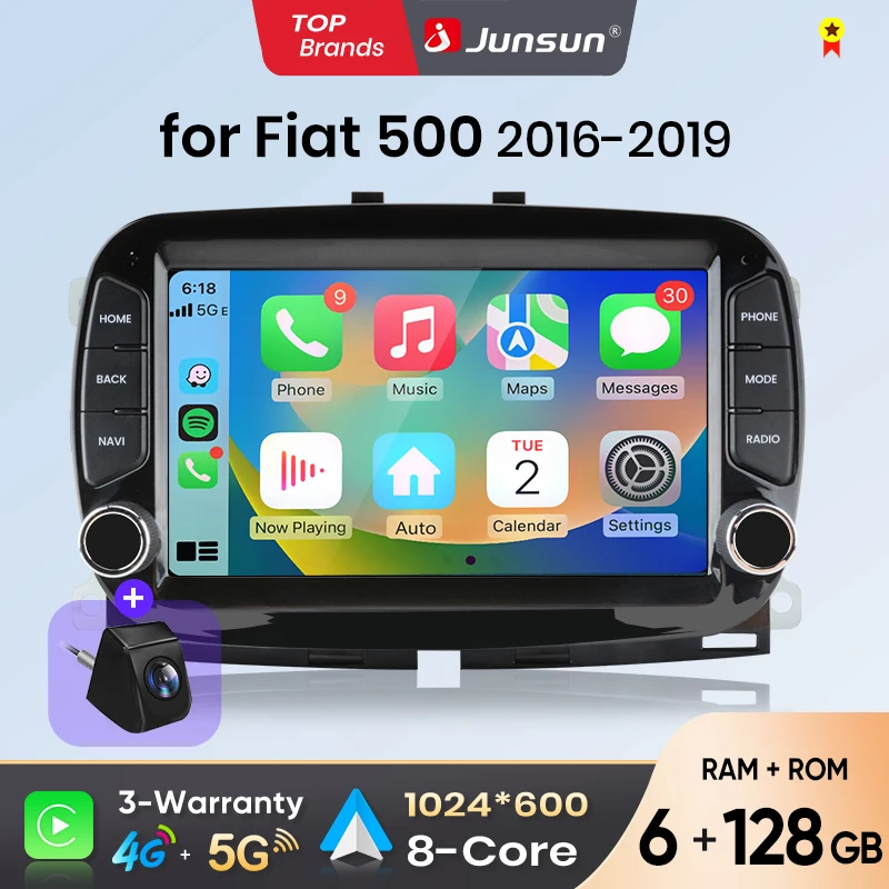 Autoradio Junsun 7" Wireless CarPlay Android Auto per Fiat 500 2016 2017 2018 2019, Sistema Multimediale Intelligente con Apple CarPlay Wireless, Schermo Touch IPS, Lettore Video Stereo, Unità di