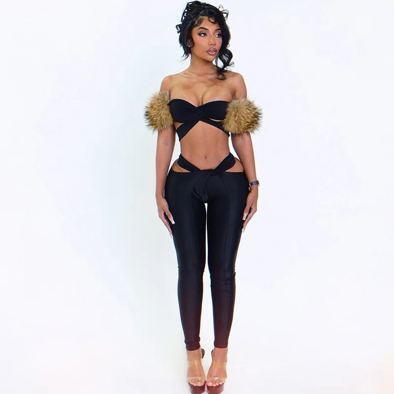 

Sexy Fur Crop Tops Two Piece Pant Set 2025 Women Winter Autumn Elegant Luxury Clothes Club Wear 2 Piece Pant Sets Outfits