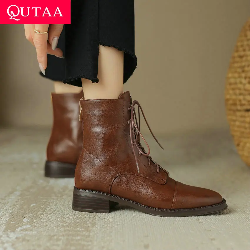 QUTAA 2024 Leisure Cross-Tied Women Ankle Boots Genuine Leather Zipper Shoes Woman Winter Casual Motorcycle Boots Size 34-41