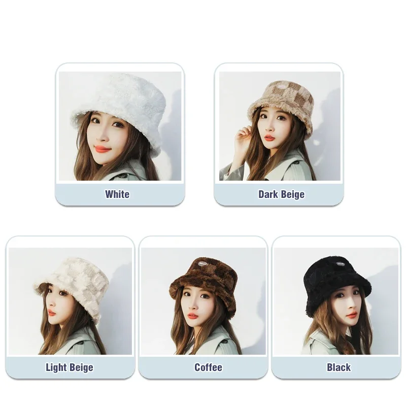 New Autumn and Winter Plush Checkerboard Warm Windproof bucket Hat for Women Fashion All-Match Face-Showing Small Fisherman Hat