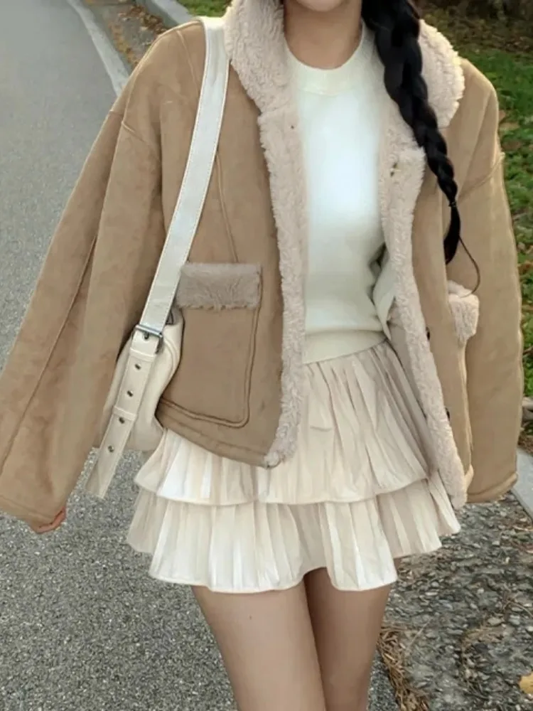 

Шикарное двустороннее замшевое пальто из меха ягненка в стиле ретро, женское теплое длинное повседневное пальто с застежкой на пуговицы све