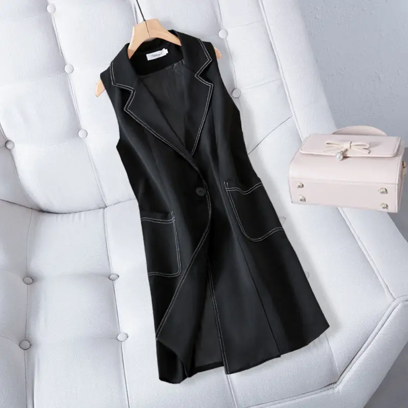 Long Vest Women Spring Summer New Style Sleeveless Cardigan Vests Solid Black Casual Ladies Outfit Classy Loose  E35