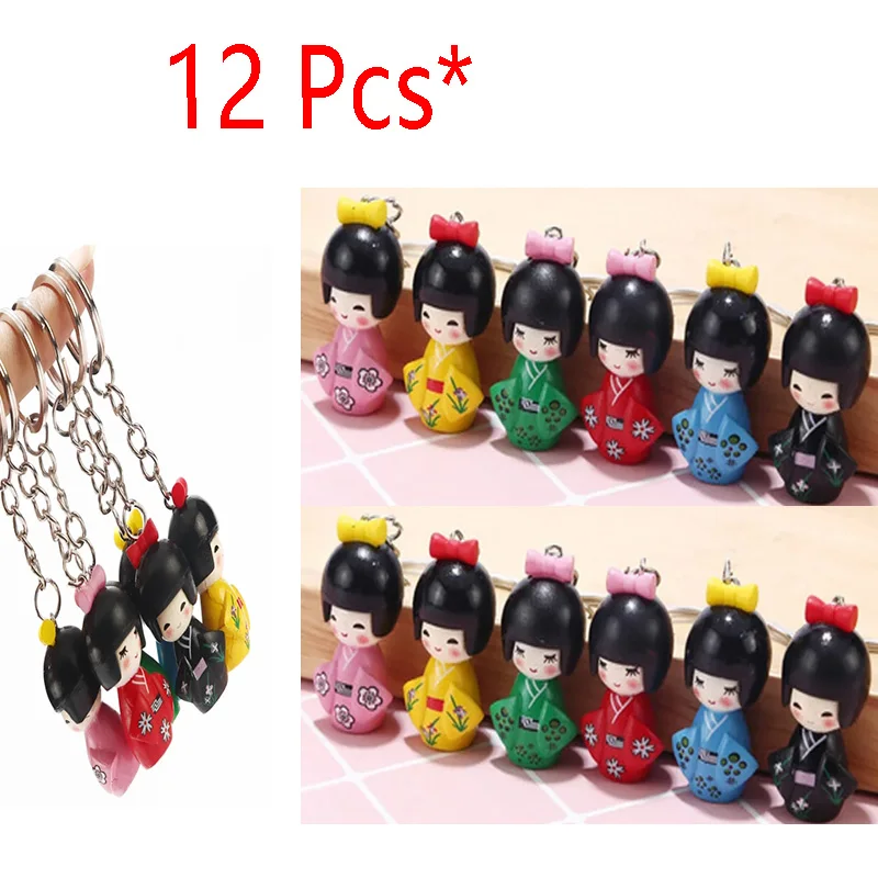 12 pcs/Lot Japanese KOKESHI Doll Key chain Metal Key Ring Charms Party Gifts